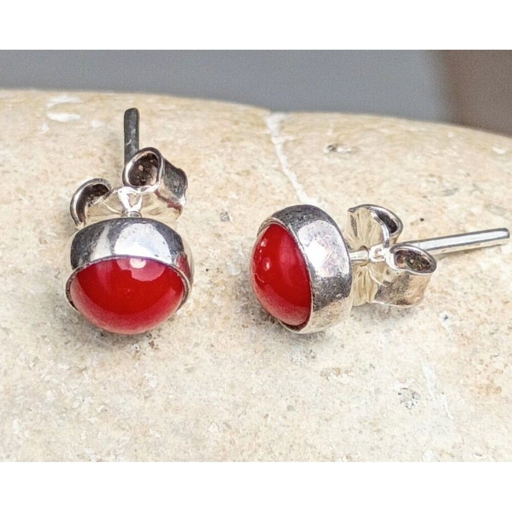 Vintage Sterling Silver Red Coral Bezel Stud Earrings